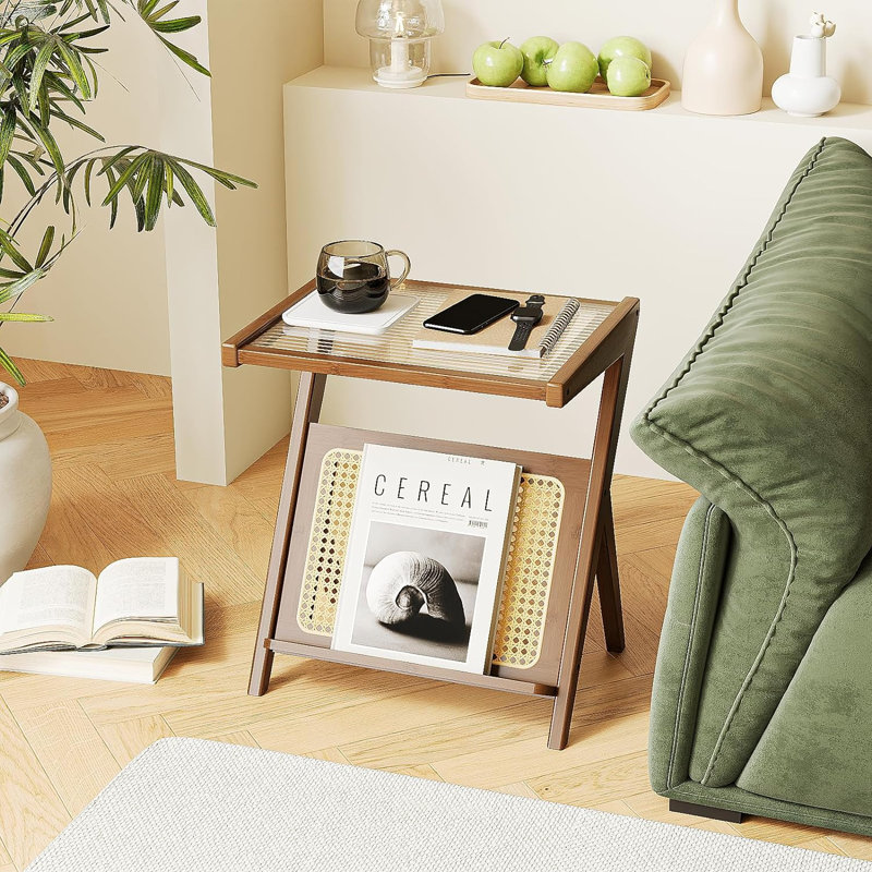 Rattan Side Table Boho Nightstand Mid Century Modern End Table Glass Bedside Table Small End Tables Bamboo Coffee Table With Storage Record Player